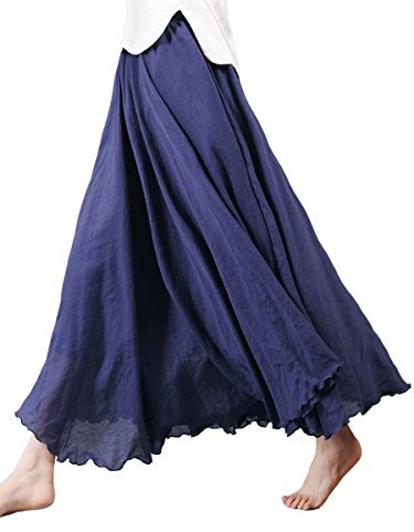 Damen Baumwolle Lange Rock Tellerrock Maxirock Doppelt Genäht Elastischer Bund - Einfarbig Dunkelblau Länge 85cm