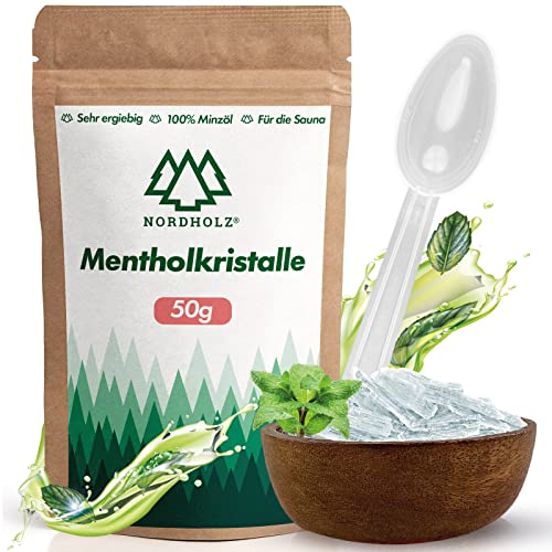 NORDHOLZ® Cristales de mentol para la sauna a base de aceite de menta 100% - Libera las vías respiratorias y proporciona un aroma naturalmente intenso en la sauna. (50 g)