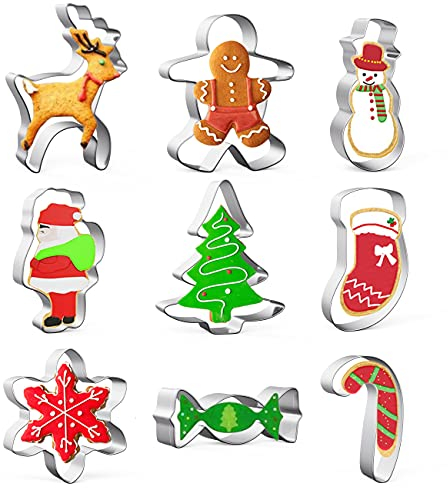 MIUTME Christmas Cookie Cutters Set, 9 Pieces Stainless Steel Christmas Biscuit Cutters Shapes- Gingerbread Boy, Christmas Tree, Snowflake, Reindeer, Snowman, Santa, Claus, Socks for Cookie DIY Baking