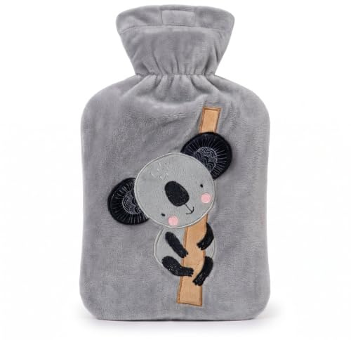 UMOI Kinder Wärmflasche 1 Liter mit gesticktem Koala – Bezug aus seidig weichem Fleece mit Innenfutter und Klettverschluss – Naturgummi – Bettflasche für Kinder (Koala grau)