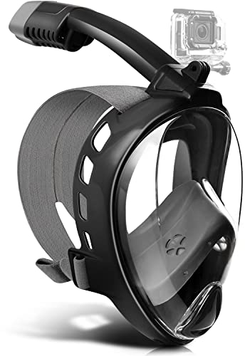Odoland Snorkel Set for Man and Women, 180° Panoramic View Full Face Snorkeling Mask with Camera Mount, Dry Top Safety Breathing System Anti-Leak Anti-Fog Diving Mask for Adult Black L