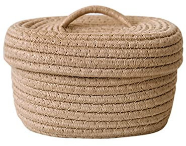 LPAYOK Panier en corde tressée avec couvercle - Petit panier en corde de coton tissé pour l'organisation, panier décoratif pour étagère, bacs de rangement, jouets de bébé - Marron