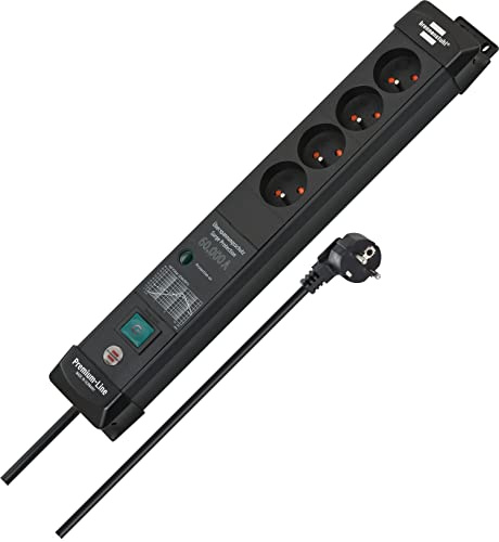 Brennenstuhl Premium-Line, Steckdosenleiste 4-fach, 3m | Mit Überspannungsschutz bis zu 60.000 A, mit Schalter, Made in Germany, schwarz