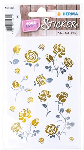 HERMA 15531 Aufkleber Rosen Gold Silber klein groß, 15 Stück, Blumen Sticker mit Pflanzen Motiv, Kinder Etiketten für Fotoalbum Tagebuch Poesiealbum Scrapbooking Geburtstag Deko Briefe DIY Basteln