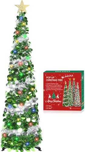 HMASYO Árbol de oropel de Navidad desplegable de 150 cm con Luces - Lentejuelas Coloridas Plegables Artificiales de árboles de lápiz navideño para decoración para el hogar, apartamento, Fiesta