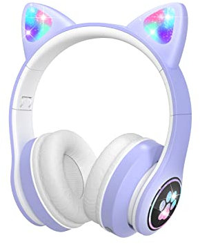 VuyKoo Auriculares Bluetooth para Niños con Micrófono/Luces LED, Cascos Inalámbricos, Sonido Estéreo, Auriculares Inalámbricos para Movil, Tablet,Laptops, para Regalo de cumpleaños/crisma (Morado)