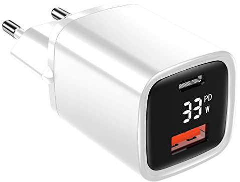 Eaxus® USB A + USB C Ladegerät mit Display - 2 Port 33W USB Netzteil mit Power Delivery / QC4.0 & Schnellladefunktion, Weiß