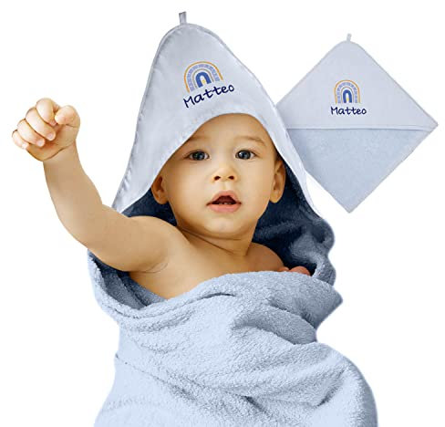 cozy racoon Baby Kapuzenhandtuch Hellblau Bestickt mit Namen oder Wunschtext | Personalisiertes Handtuch mit Kapuze für Babys I Kuscheliges Babyhandtuch (75 x 75cm)