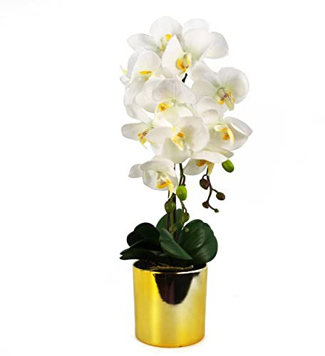 Leaf Design UK - Espositore realistico, con orchidea artificiale, in vaso, in oro bianco, 52 cm