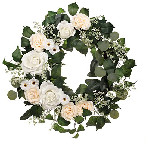 Künstliche Rose, Kamelie, Babysbreath Blumenkranz mit grünen Blättern, 61 cm