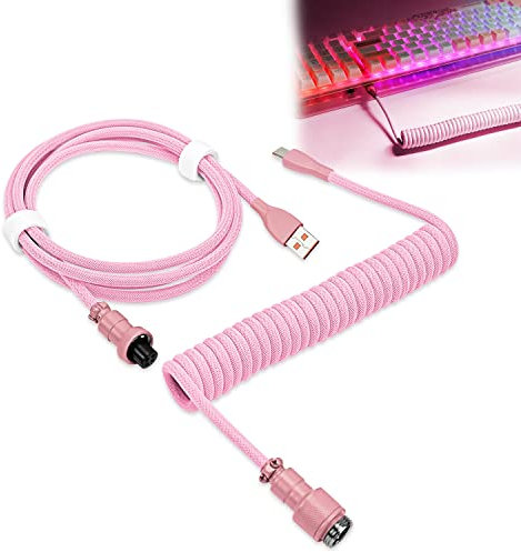 WOWLED Pro Custom Coiled USB C Cable for Gaming Keyboard, Double-Sleeved Mechanical Keyboard With Detachable Metal Aviator, 1.8M USB-C to USB-A (Pink)
