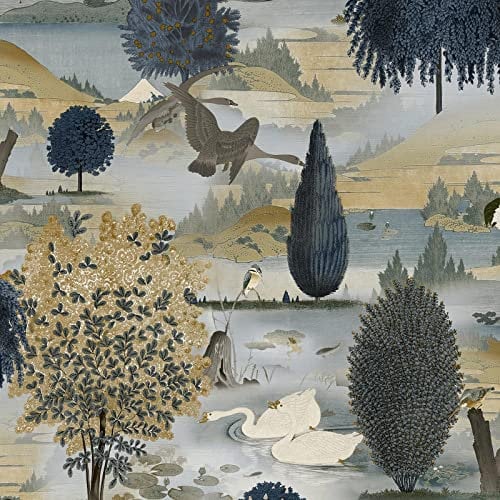 Holden Swan Lake Wallpaper - Modern Wallpaper for Living Room, Bedroom, Fireplace - Decorative Luxury Nature Wall Paper with Beautiful White Swans & Foliage (Navy/Ochre Holden)