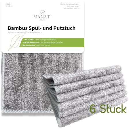 MANATI Interior Bambus Spültuch und Putztuch (6er Set) │ Mikrofasertuch aus 100% Bambus, saugstark, waschbar & biologisch abbaubar │ Spülschwamm Spültücher Putztücher Mikrofasertücher (Grau)
