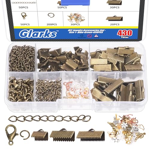 GLARKS 430Pcs Bronze Ribbon Bracelet Kit Bookmark Pinch Crimp Ends Lobster Clasps with Open Jump Rings and Chain Extenders for DIY Making Bookmark Pinch Bracelet Choker Necklace