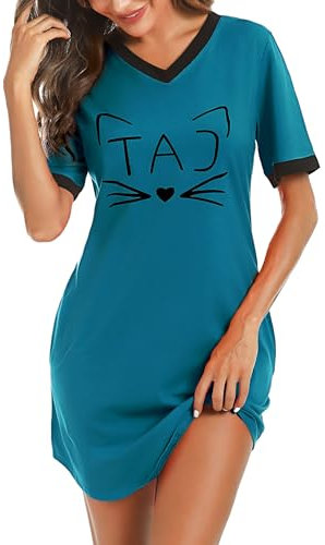 Litherday Chemise de Nuit Femme Coton Robe de Nuit Col V Rayé Nuisett imprimé Chat Mignon à Manches Courtes Vêtement de Nuit,B Lac Bleu(New),L