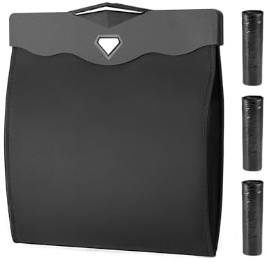 QWORK® Poubelle de Voiture en Cuir PU Noir avec Ouverture Magnétique - Étanche et Facile à Nettoyer - Taille 30x26 cm - incl. 3 Rouleaux de Sacs Poubelles Jetables