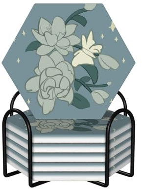 Sechseckige Keramik-Kork-Untersetzer, 6 Stück, weißes Bauhinia-Muster, rutschfester Korkboden, passend für alle Kaffeetassen, Gläser und Tassen 