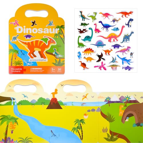 ASTARON Dinosaurier Stickerbuch für Kleinkinder, Wiederverwendbare Stickerbücher, Flugzeugaktivitäten, Reisespielzeug, Geburtstag Weihnachten Geschenk für Kinder