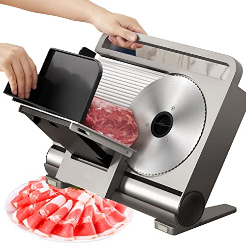 Meat Slicer for Home Use - Folding Electric Deli & Food with Removable 7.5’’ Stainless Steel Blade and 0-15mm Adjustable Thickness Cheese, Bread, Include Pusher Non-Slip Feet