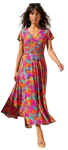 Roman Shirred Empire Waist Dress for Women UK Ladies Midi Maxi Summer Spring Tiered Frill Hem Short Sleeve V Neck Button Through Boho Bohemian Holiday Cruise