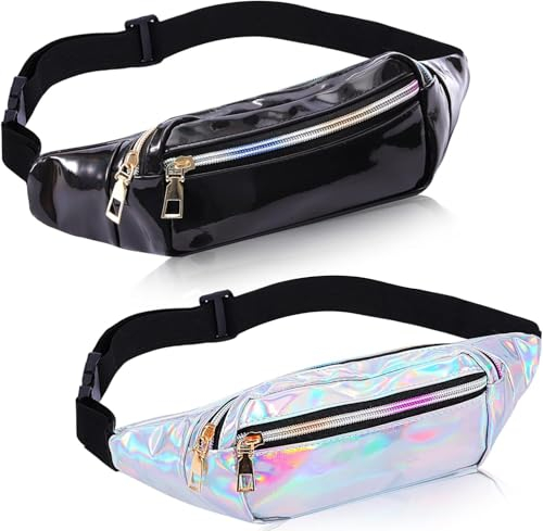 EXTRAPINS 2 Stück Bauchtasche Damen,2 Fächer Wasserdicht Hüfttasche,Glitzer Bauchtasche Damen,Leder Gürteltasche,Verstellbarer Gurt Hüfttasche für Outdoor Sport Reise Wandern(Silber+Schwarz)
