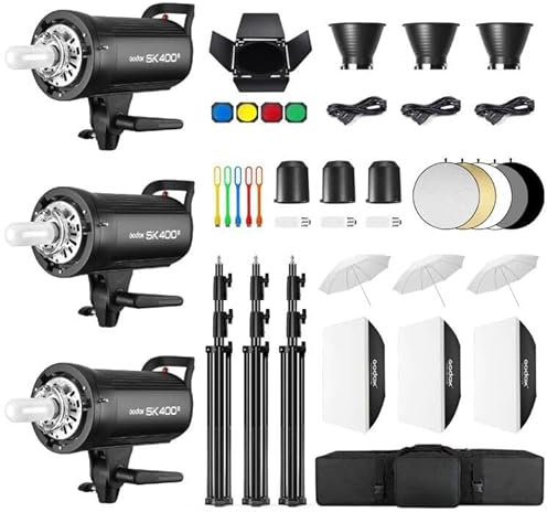 Godox 3 Pack SK400IIV 1200Ws 2.4G Speedlite Studio Flash Strobe Monolight Bowens Mount Kit for Studio, Location, Portrait Photography with Softbox, Light Stand, SK400iiv Kit, Carry Bag
