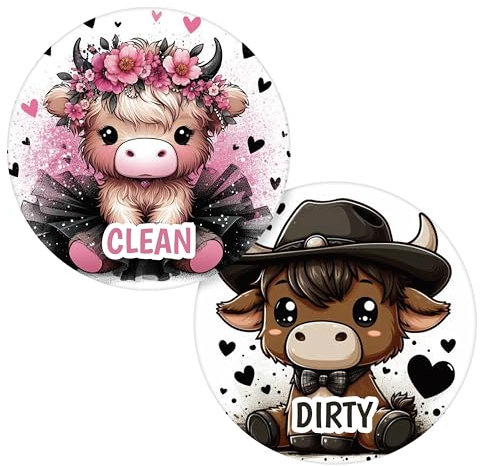 Kirako Highland Cow Geschirrspüler-Magnet Clean Dirty, Cartoon, doppelseitig, wendbar, mit selbstklebender Metall-Magnetplatte für Küche, Waschmaschine, Organisation, Aufbewahrungsbedarf