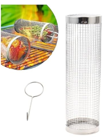 Rollbarer Grillkorb aus Netzgewebe, Grill-Picknick-Kochgeschirr mit rundem Gitter für den Außenbereich, tragbare Campingkörbe aus Edelstahl, für Gemüse, Garnelen, Hühnerfleisch(L)