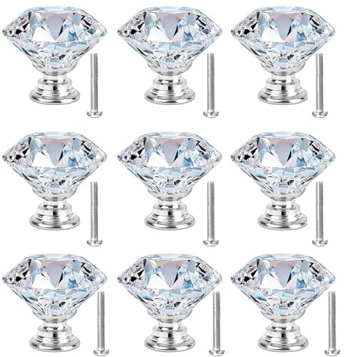 Lyxhag 9 pcs Crystal Knobs,20mm Diamond Drawer Cabinet Door Pull Crystal Door Handles with Screws for Cupboards Wardrobes Drawers Home Decoration