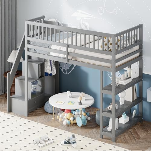 WIZBED Kinderbett Hochbett 90 x 200 mit Kleiderschrank, Stauraum Treppe, 3 Regalen und Schublade, Etagenbett mit rausfallschutz, Holzbett, Stockbett Funktionsbett,ohne Matratze (Grau)