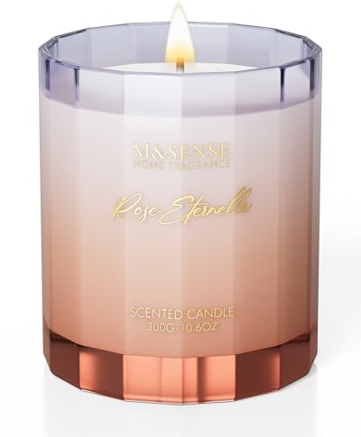 M&SENSE Bougies parfumées à la rose pour la maison 300g 60h de combustion, bougies de luxe pour les femmes cadeaux de la Saint-Valentin pour elle bougies d'aromathérapie en cire de soja naturelle