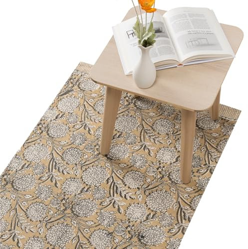 HOMELEVEL Teppich Läufer für Schlafzimmer - 80 x 150 cm - Teppich waschbar für Wohnzimmer - Blumenprint Beige
