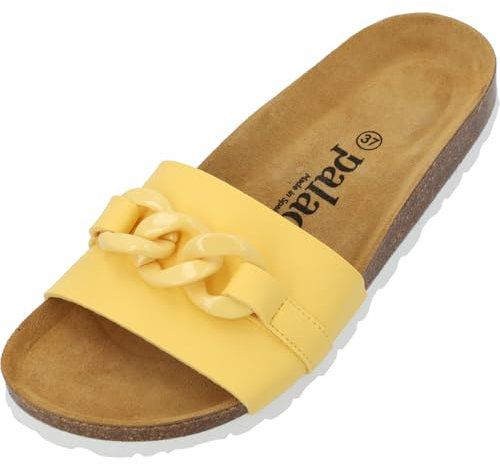 Palado Pantoletten Damen Gozo - bequeme Sandalen Made in Spain - Hausschuhe mit dämpfendem Kork-Fußbett - modische Sommerschuhe Gelb UK3,5 - EU36