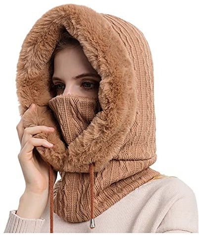 Snow Hats Men Integrated Hood Cap Winter Warm Hat Cold-Proof Cold-Proof Outdoor Women Mask Headgear Ski Bib Riding Hats Freezer Hat (Khaki, One Size)