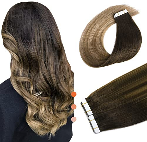 XDhair Tape Extensions Echthaar DunkelBraun bis Schmutzige Blond Balayage 20pcs 50g 40cm Remy Echthaar Extensions Seidig Gerade Invisible Tape Ins (#2/6/18-16)