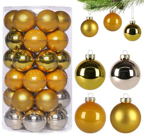 Anstore 36 Stück Weihnachtskugeln, Gold Weihnachtskugeln aus Glas, Christbaumkugeln ∅ 6cm, Christbaumschmuck Matt, Glänzend, Glitzernd, Weihnachtsdeko für Feiertage und Partydekoration