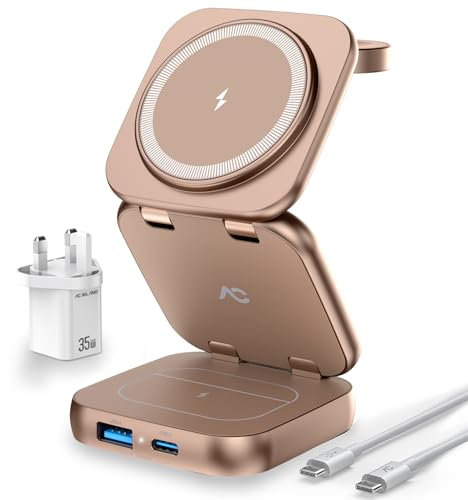 AC Island 5 in 1 iPhone Ladestation kompatibel mit Magnetisch Ladegerät, Faltbar Reisen Wireless Charger für iPhone 16/15/14/13/12 Series, AirPods 4/3/2/Pro, Apple Watch S10-1/Ultra(Titan Wüstensand)