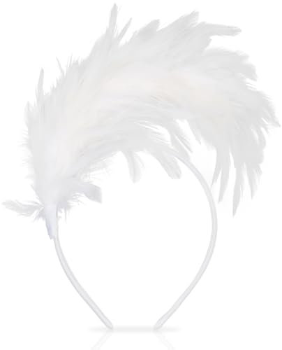 Cadimus Feder Haarreif,Damen Kopfschmuck Feder,20er Jahre Stirnband Feder,Feder Kopfschmuck Fascinator,Geeignet für Hochzeiten, Maskeraden, Karneval und Bühnenauftritte,Federstirnband Zubehör-Weiß