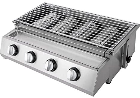 Barbecue a gas in acciaio inox, 4 fuochi, barbecue da tavolo, GPL, barbecue a gas rimovibile, per campeggio, balcone, giardino, argento