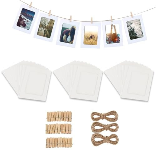 30 Pz Cornice di Carta per Foto DIY 6 pollici, Cornice Portafoto in Carta Kraft cartoncino 15,5 x 11,5 cm, cornici portafoto in cartone,con Clip di Legno e Corda di Canapa, per Decorazione(Bianco)