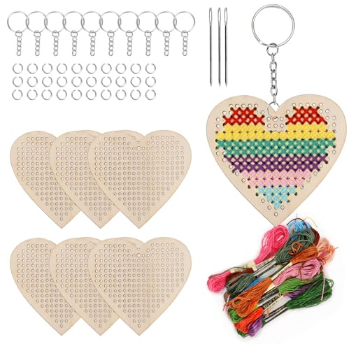 Swpeet 64Pcs Herz Form Holz Kreuz Stich mit Schlüsselbund, Sprung Ring, Faden und Nadeln Sortiment Kit, Holz Näh Kit für Anfänger, Handwerk Nadel Stickerei Kit für DIY hängende Dekor Geschenk