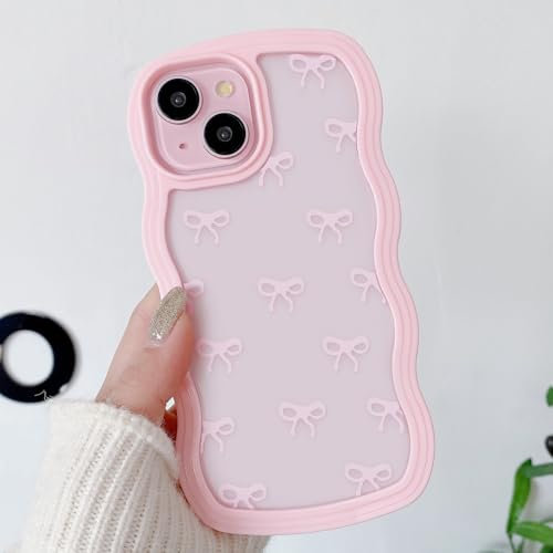 QLTYPRI Bow Case for iPhone 13 Pro Max, Clear Cute Ribbon Bow Phone Case Curly Wavy Aesthetic Phone Case, Slim Soft Transparent Shockproof Protective Cover for Women Girls - Pink