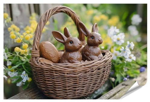 islandburner XXL Bild Poster Schokoladenhasen im Korb mit Frühlingsblumen Premium Bilder Fotodruck