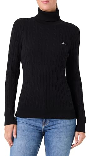 GANT Women's Stretch Cotton Cable Turtleneck Pullover Sweater, Black, S