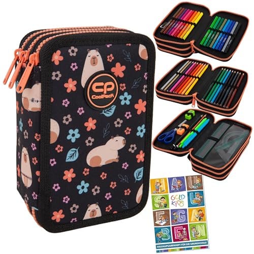 Goldkids - Federmäppchen 3 Fächer - Mäppchen für Mädchen und Jungen - Federmappe 3-Fach Federtasche Gefüllte Schüleretui Schulmäppchen und Hausaufgabenheft - Capybara Motiv
