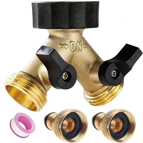 Messing 2-Wege Verteiler Wasserverteiler Wasserhähne Adapter mit individuellen An/Aus-Ventilen für Zuhause Küche Garten Draussen，Mit zwei 3/4 Zoll Gartenschlauch Wasserhahn Saugmutt Anschlüsse