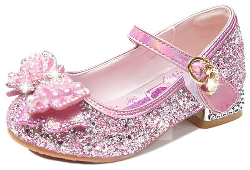 YOSICIL Scarpe da Principessa Paillettes Ragazze Principessa Elsa Tacchi Alti con Fiocchi Ballerine Glitterate Scarpe Eleganti Carnevale Matrimonio Compleanno,Elsa-Rosa,26
