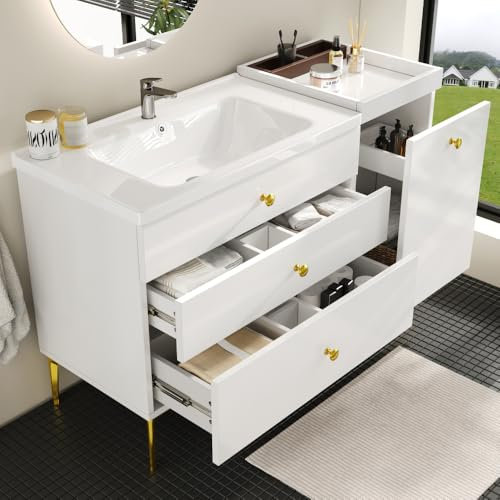 Seyakany Meuble de Salle de Bain avec lavabo,Meuble sous Vasque 120×47,5×80cm,Meuble sous Vasque avec 3 tiroirs,Armoire Salle de Bain Rangement,Style Moderne,Blanc