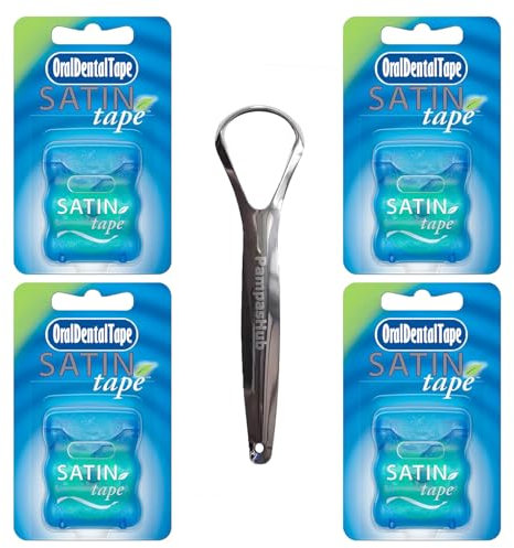Oral Satin Tape 25 m, filo interdentale cerato aromatizzato alla menta, confezione da 4, design largo per l'igiene orale, con raschietto per lingua