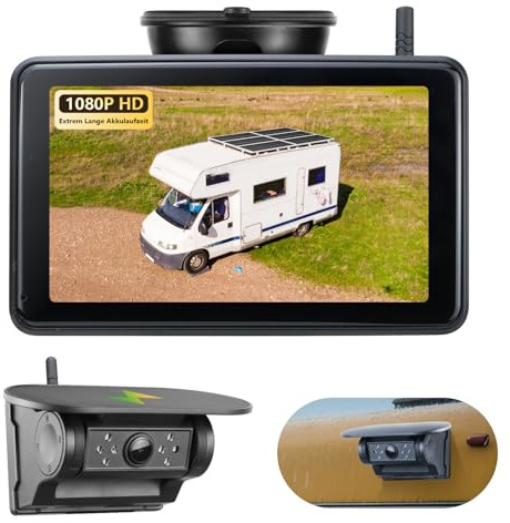 GREENAUTO Solar Rückfahrkamera Kabellos mit 7 1080P Touchscreen Monitor: 9600mAh Akku 1 Mins DIY Installation, IP69K Wasserdicht Rückfahrkameras für Auto, LKW, Van, SUV, Wohnmobil